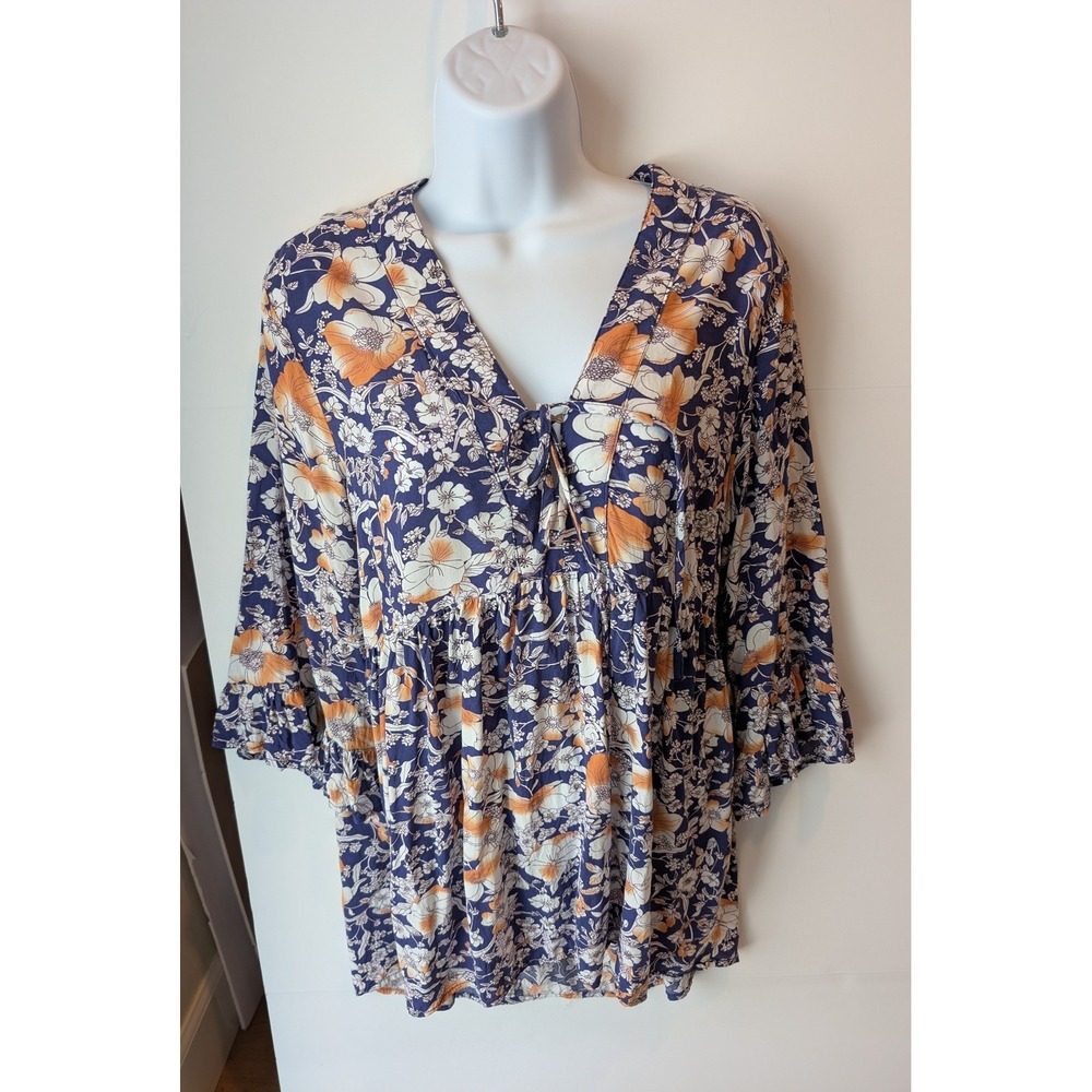 C&C California Tunic Top Floral Babydoll Sz M Navy Orange Boho Ruffle Sleeve